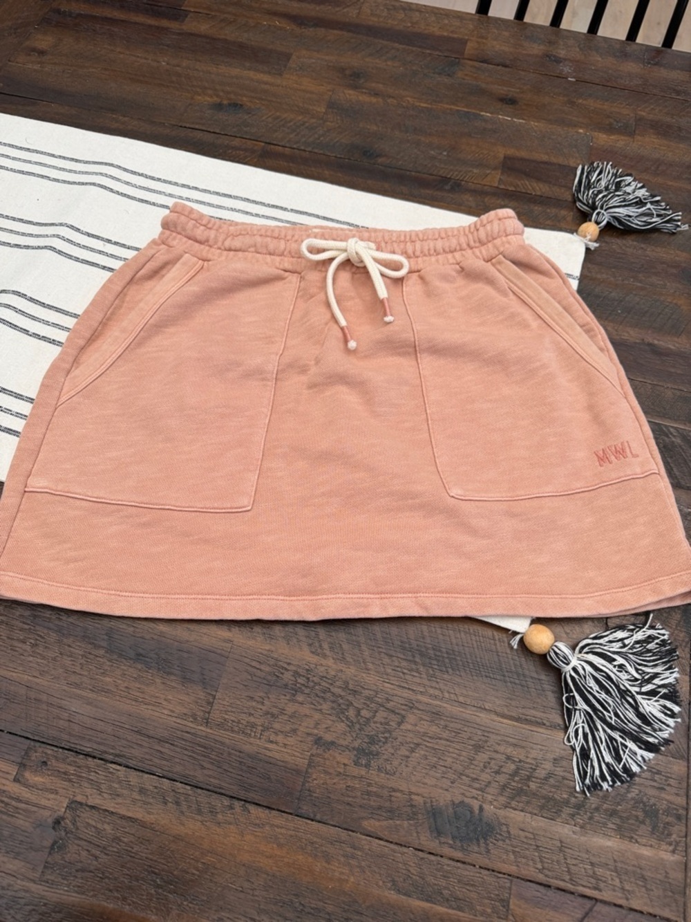 Madewell Peach Drawstring Pocket Mini Skirt with Embroidery